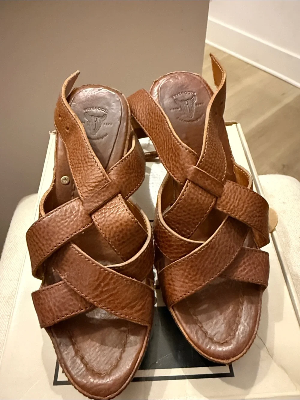 Frye Cognac Brown Leather Crisscross Wedge Sandals